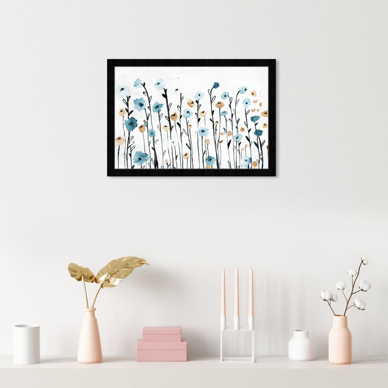 Fleurs bleues pastel bleues - peinture encadrée, H 18 po x l 26 po, Cadre noir