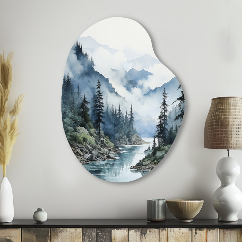 Gris gris et bleu, forêt minimaliste Reflections II - art mural asymétrique en forme de poire, H 38 po x l 28 po