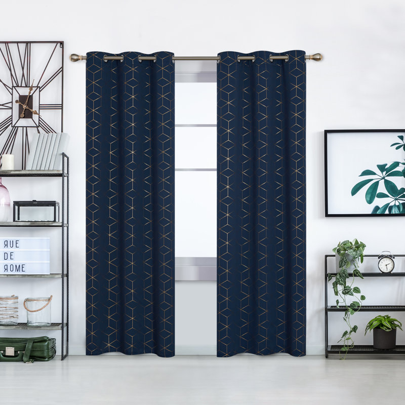 Geometric Blackout Thermal Curtain Panels, 42" W x 63" L, Navy Blue