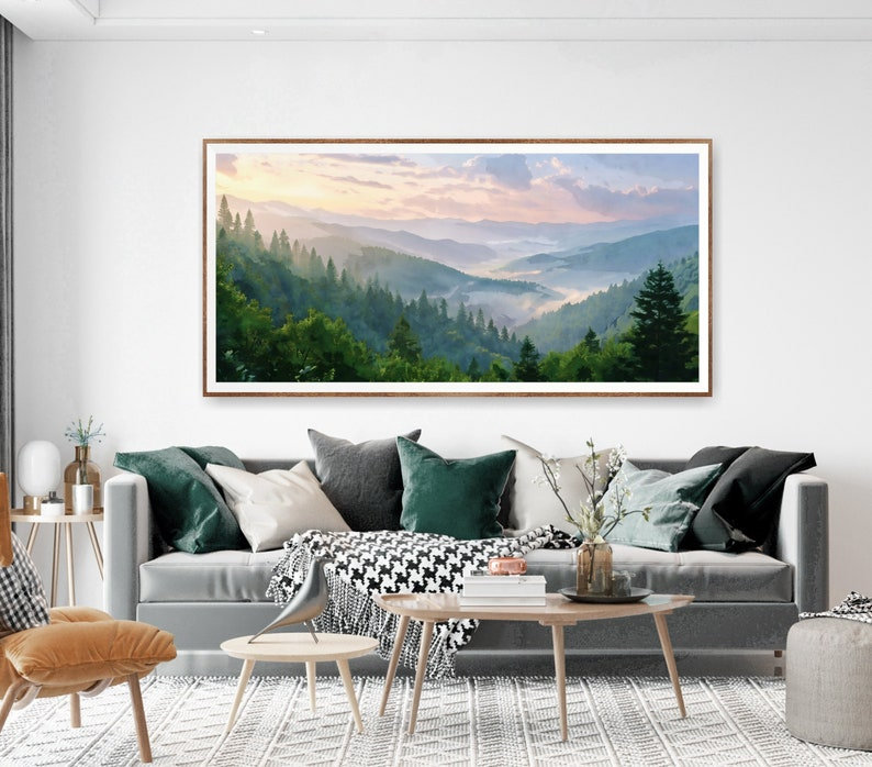 Parc national des Great Smoky Mountains, très grand art mural horizontal, impression de voyage à l'aquarelle, Toile tendue