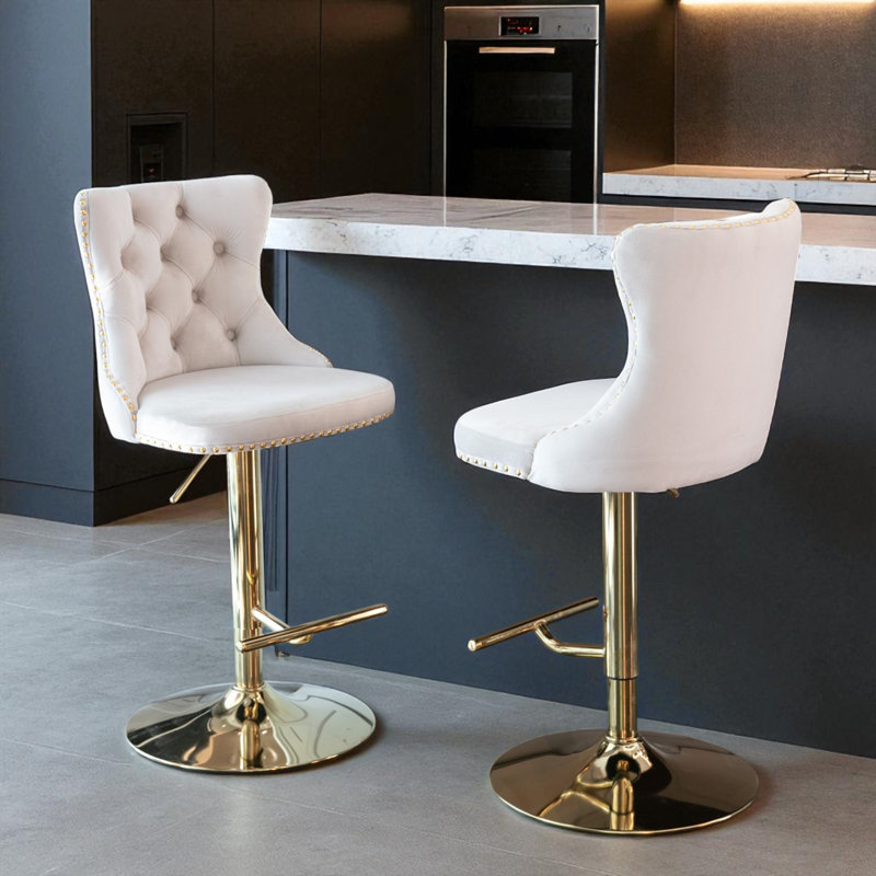 Tabouret de bar pivotant à hauteur réglable Zager, Or, Beige, 2