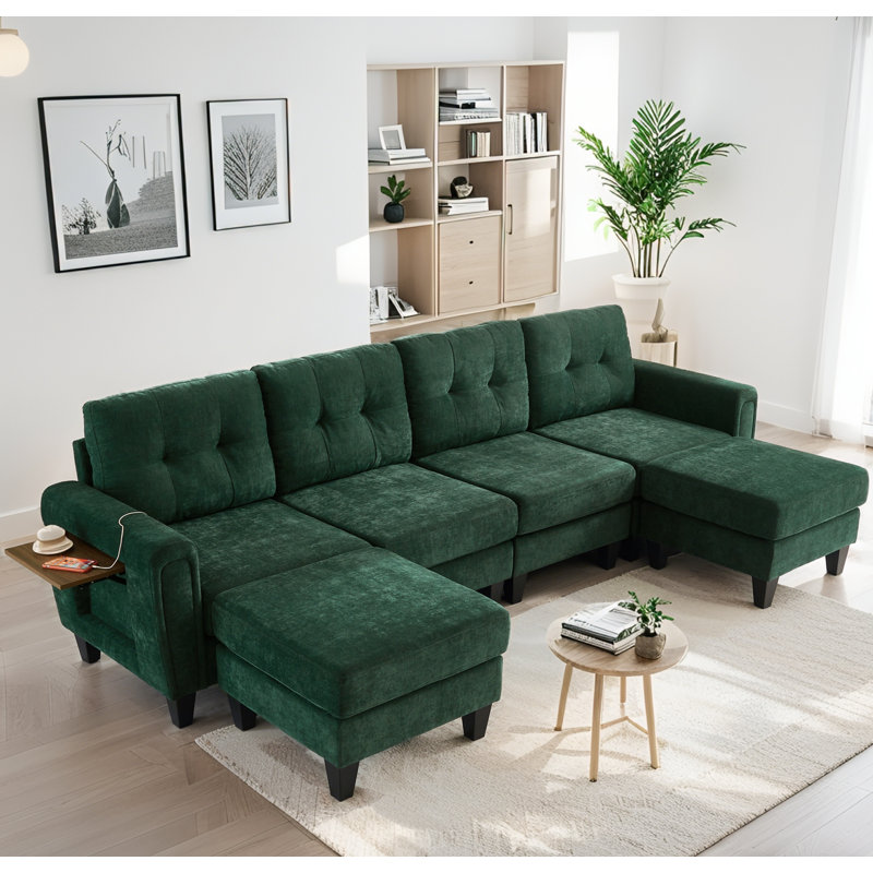 Canapé modulaire modulaire, deux repose-pieds mobiles et ports USB, Vert