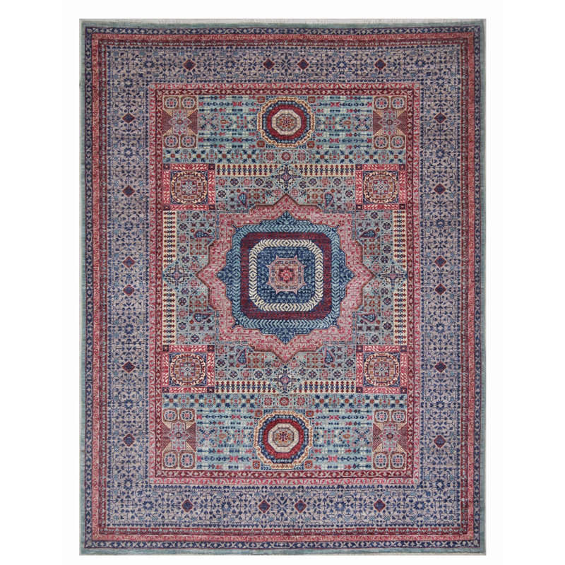 Hand Knotted Wool Area Rug in Green And Gray