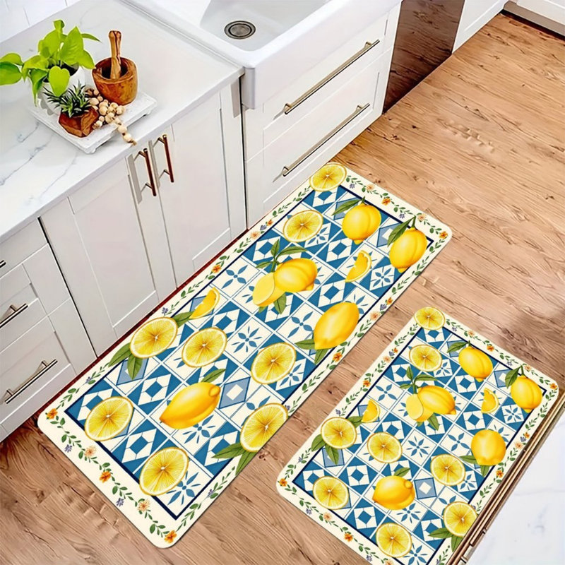 Kitchen Laundry Room Blue White Tile Lemon Border Print 2 Pcs Kitchen Mats