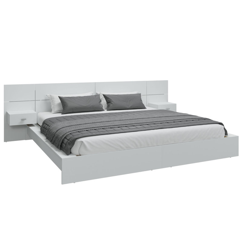 Chambre à coucher moderne Kaphan - Lit plateforme avec tête de lit et tables de chevet (2) - Assemblage facile, aucun sommier requis