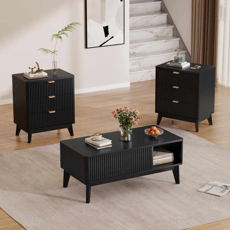 Table basse Mid-Century moderne naturelle avec rangement, 2 tables de bout naturelles élégantes et table basse pour le salon