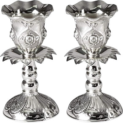 Silver Plated Candlesticks - 2 Pack Set - Pair Of 4 Inch Ornate Candle Holders With Round Base And Floral Design