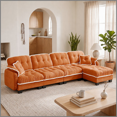 Canapé en forme de L en chenille avec 4 coussins, repose-pieds mobile et garniture capitonnée matelassée de conception ergonomique, canapé à assise profonde facile à assembler pour le salon, le bureau, un appartement, orange