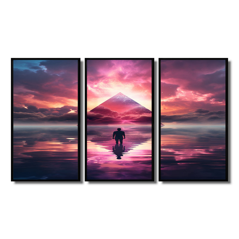 Hyeon - Ensemble d'art mural paysage abstrait, Cadre flottant noir, H 32 po x l 48 po x P 1 po