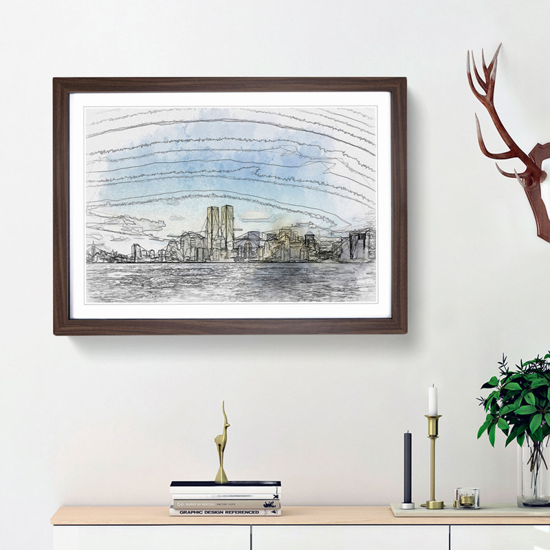 New York Skyline with the Twin Towers in Abstract - Picture Frame Graphic Art Print, Walnut Framed, 27cm H x 36cm W x 2cm D