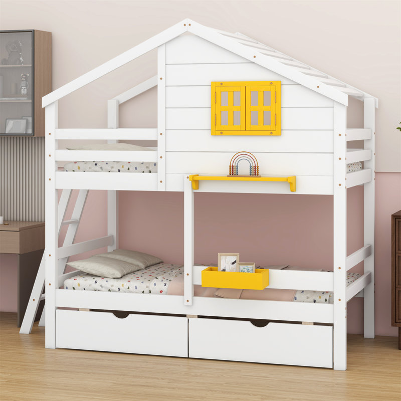 Lit superposé avec 2 tiroirs, 1 boîte de rangement, 1 tablette, fenêtre et toit, Blanc