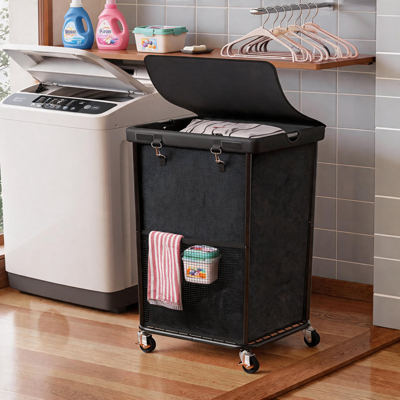Black Tall Laundry Basket, 150L Large Capacity, Metal Frame With Wheels, Removable Inner Bag For Easy Use.