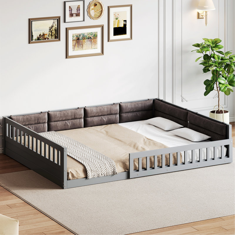 Cadre de lit moderne pour chambre à coucher, chambre d'amis, lit plateforme, lit plateforme tapissier en bois avec garde-corps