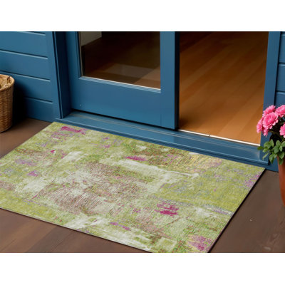 Tapis intérieur lavable abstrait vert lime ivoire et rose 3 pi x 5 pi