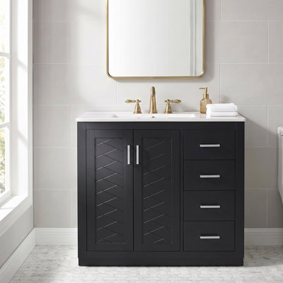 Ensemble de meuble-lavabo en bois massif 36 po + panneau de fibres à densité moyenne avec lavabo en céramique avec 3 tiroirs et portes à fermeture douce
