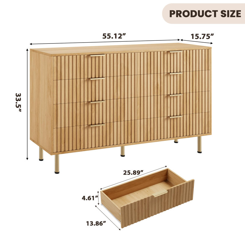Meuble télé en bois 54 po avec commode à 8 tiroirs, Jaune