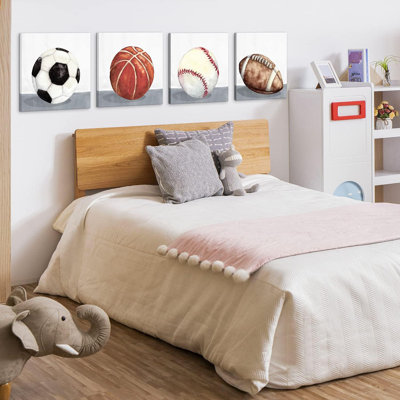 Boys Room Wall Decor Sports Decor For Boys Bedroom Rustic Soccer Football Baseball Basketball Canvas Pictures Kids Wall Art Vintage Ball Painting Nursery Playroom Artwork Home Decorations 12X12" 4 Pcs