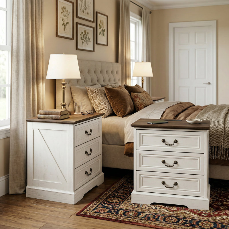 3 Drawer Nightstand 2 Set, Brown/White