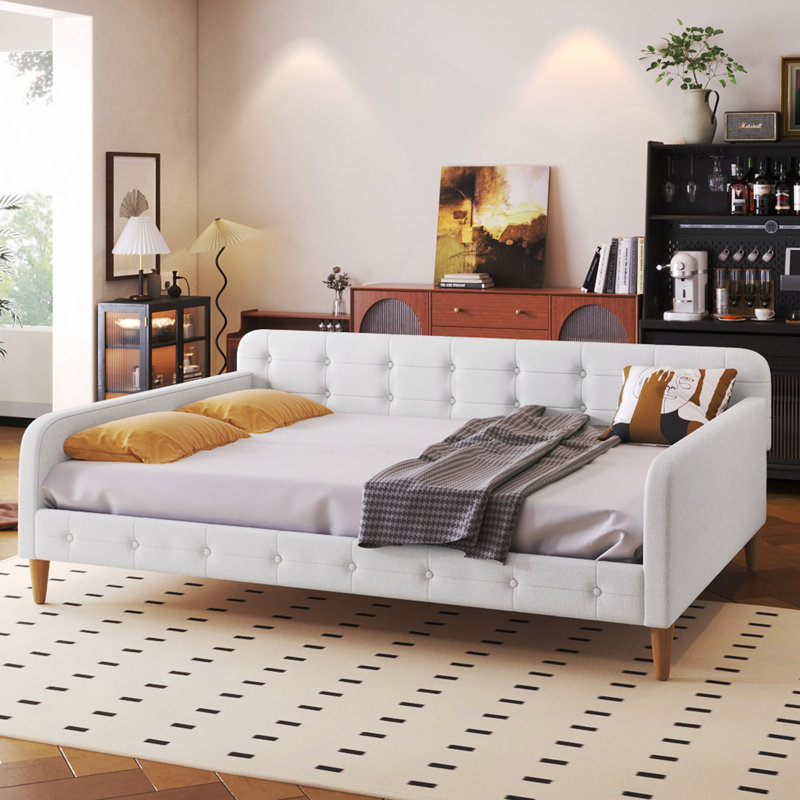 Upholstered Daybed With 4 Support Legs, Beige, Full/Double