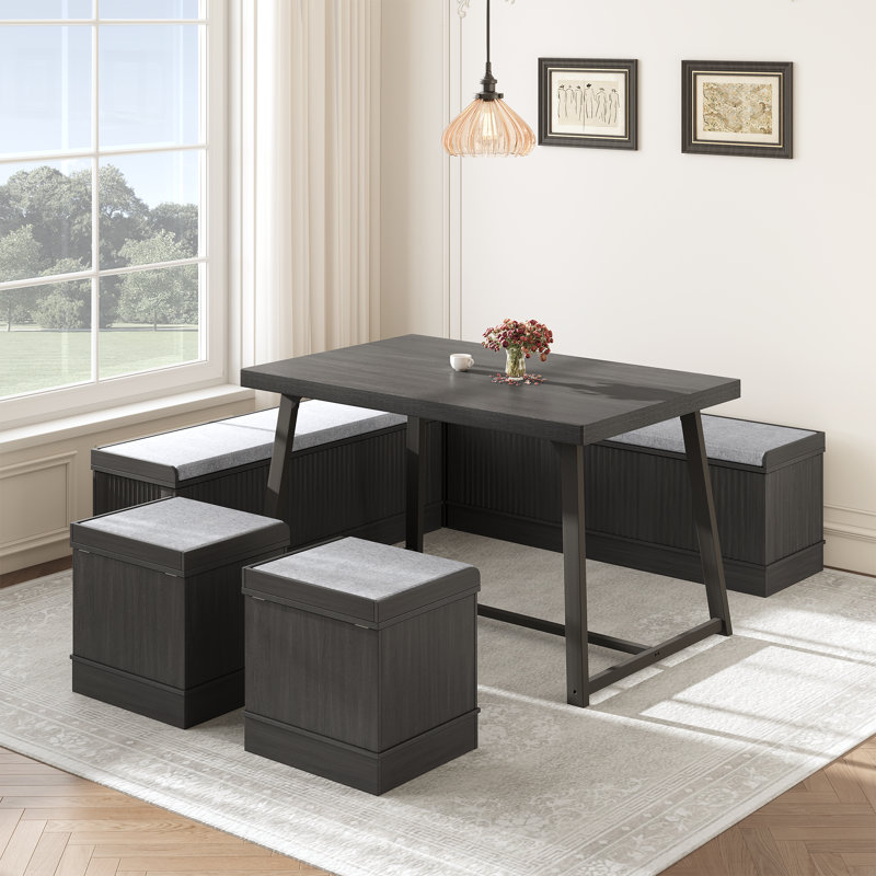 Simple And Stylish 5 Person Corner Breakfast Nook Set With Hidden Storage, Gray