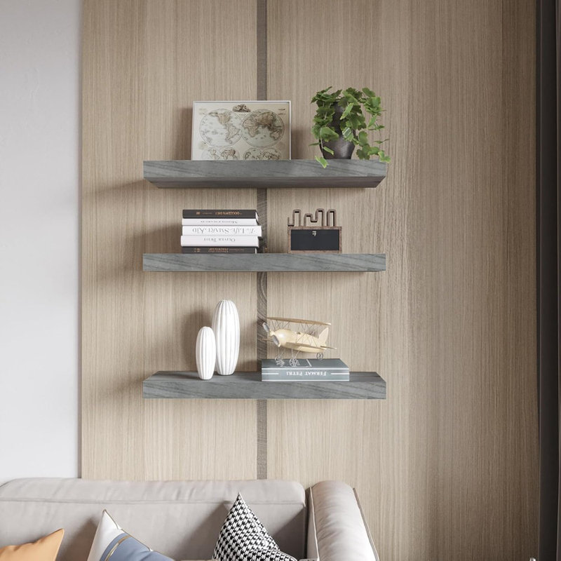 Ensemble de 3 tablettes murales flottantes gris rustique - rangement en bois massif