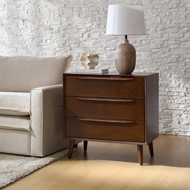 Aviannah 30"W Mid-Century Modern 3-Drawer Accent Chest with Power Outlet, Walnut