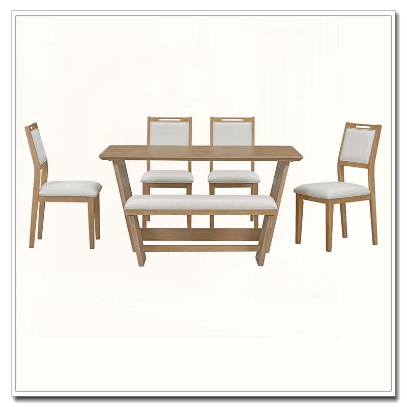Ensemble repas 6 pièces avec base trapézoïdale et chaises sculptées, Bois naturel délavé