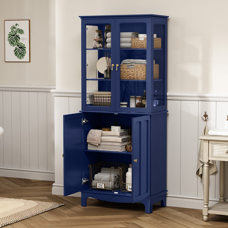 Garde-manger autoportant de 72 po Ellerby avec portes en verre et tablettes réglables, Bleu