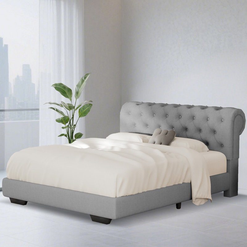 Linen Fabric Upholstered Bed Frame with Adjustable Headboard/Chesterfield-Styled/Wood Slat Support, King, Gray