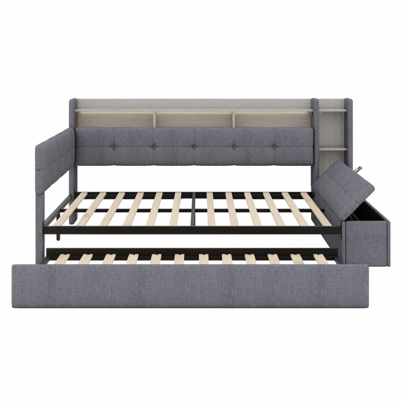 Lit de jour multifonctionnel rembourré avec couchette, repose-pieds de rangement, tablettes, USB et DEL, Gris