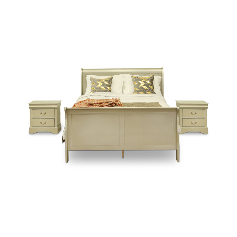 Ensemble de chambre à coucher 3 pièces, un grand lit avec 2 tables de chevet en bois et tiroirs, finition or métallique