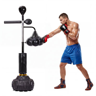 3-in-1 Freestanding Boxing Bar, Dual Speed Balls & 360° Swivel, Adjustable Kickboxing Trainer Heavy Base for Home Gym, Black