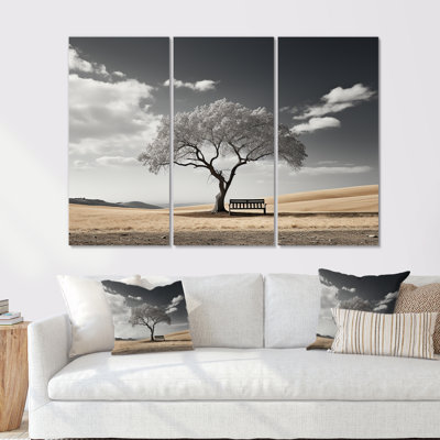 Solitude banc sous un arbre monochrome - ensemble d'art mural prairie