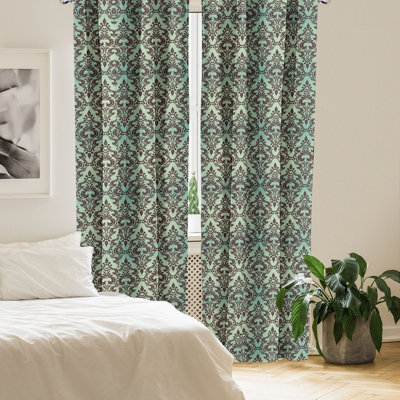 East Urban Home Mint and Brown 4-Panel Curtains, Curly Damask Forms, Dark Brown Mint Green