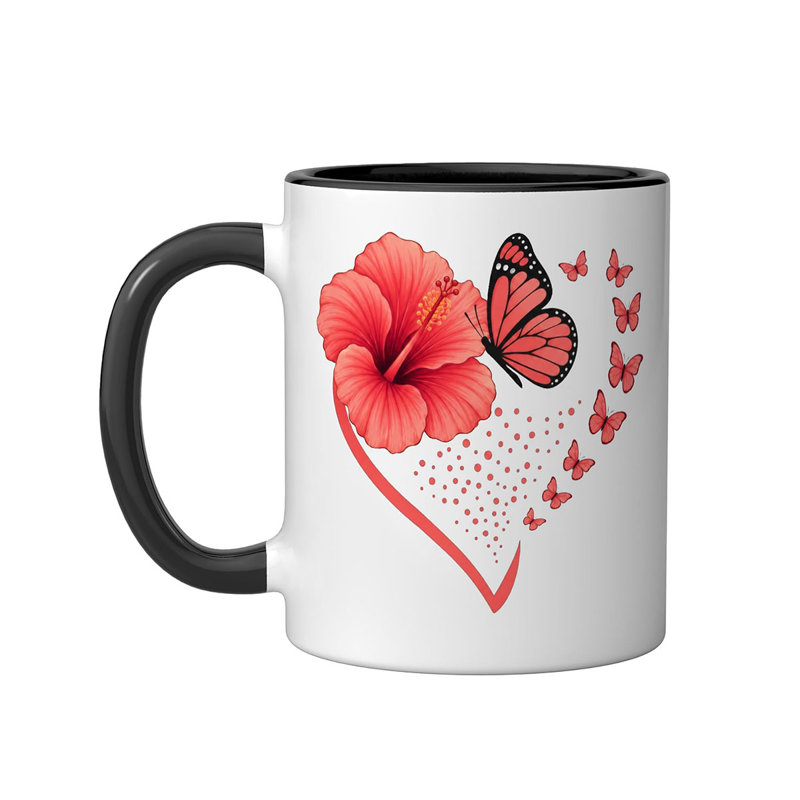 Hibiscus Butterfly Heart Flower Floral Ceramic Mug, 11oz