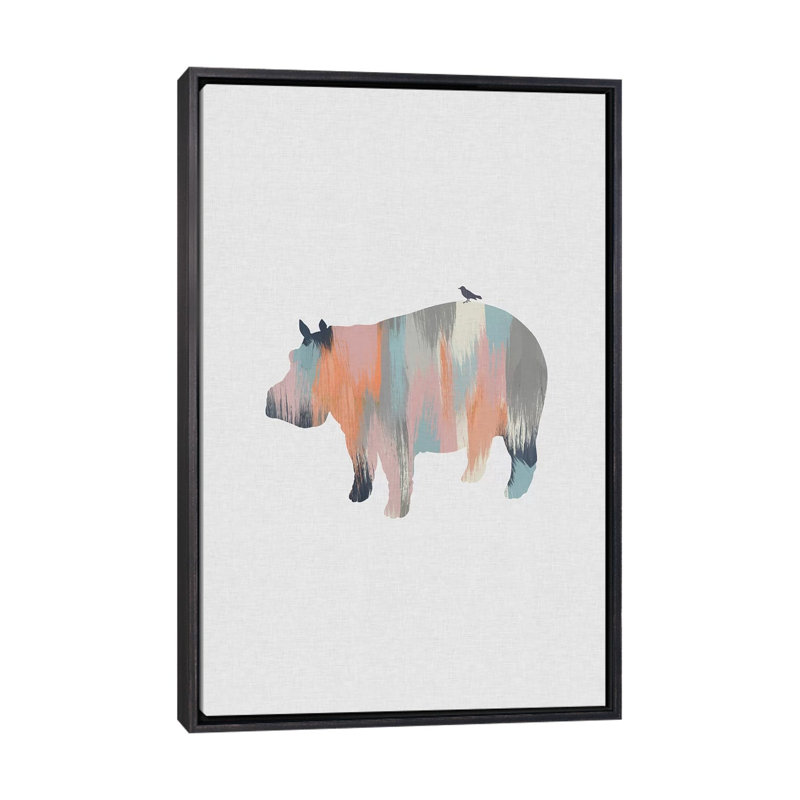 Pastel Hippo - impression d'art graphique, H 26 po x l 18 po x 1,5 po, Toile avec cadre noir patiné