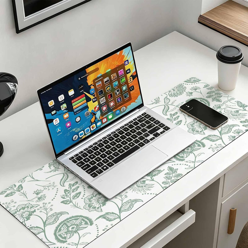 Tapis de souris de style ferme verte, idéal pour le jeu, le bureau et la souris. Motif floral vintage avec feuilles et fruits. Grand format, base antidérapante, 40 x 90 cm. Livré avec une tasse blanche.