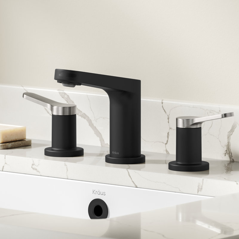 KRAUS Indy Widespread Bathroom Faucet In Spot-Free With 2 Handles, Pop Up Drain And Supply Lines, Stainless Steel/Matte Black