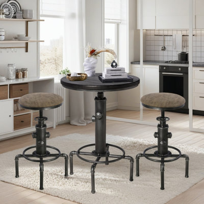 Set Of 3,Industrial Bistro Table Set, Vintage Cafe Table With 2 Bar Stool With Leather Cushions  For Living Room, Study, Dining Room, Swivel ,Fire-Hydrant Designed