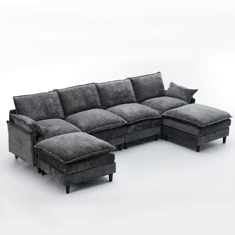 Modular Sofa,U Shaped Cloud Couch Comfy Set ,6-Seater, 2 Armrest Pillows,Convertible Sectional  Couch, Living Room,Apartment, Chenille(2 Movable Ottoman)
