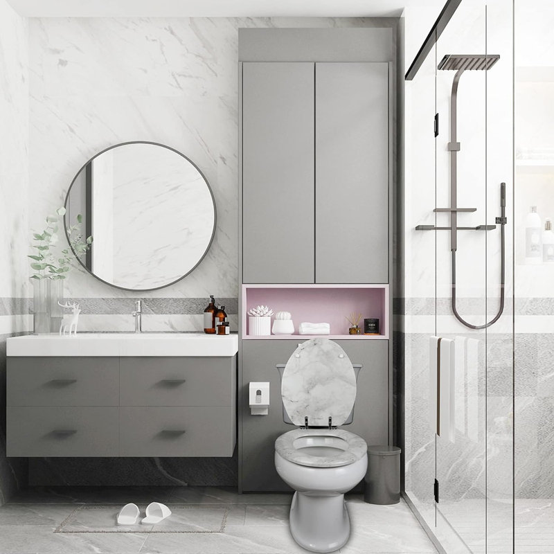 Elongated Marble Toilet Seat with Quick Install Hinges, Grey Marble