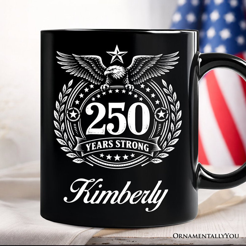 Grande tasse «America 250 Years Strong», 4 juillet, États-Unis, cadeau patriotique 1776-2026 avec nom personnalisé