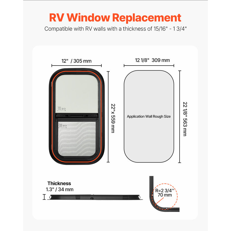 Vertical RV Window Tinted Sliding RV Window & Net Screen Trim Ring, 1.30"H x 13.70"W x 23.70"D