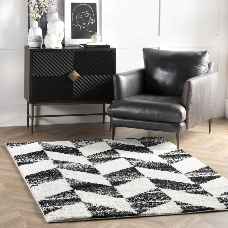 Tapis noir et blanc à motif géométrique, Rectangle 2 pi 6 po x 6 pi