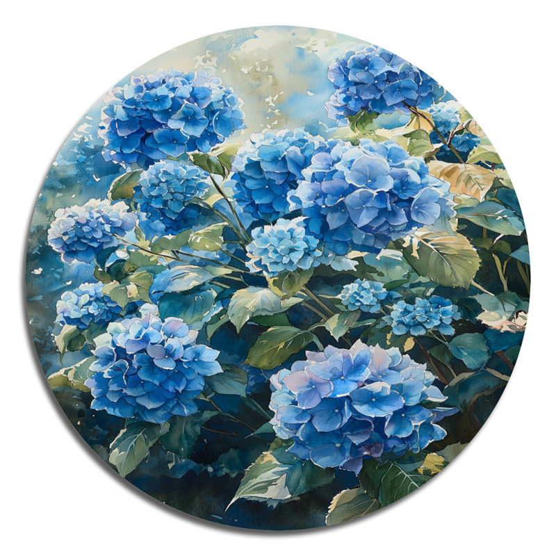 Hortensias dans la brise d'été I - Hydrangea, art mural rond en métal, H 36 po x l 36 po