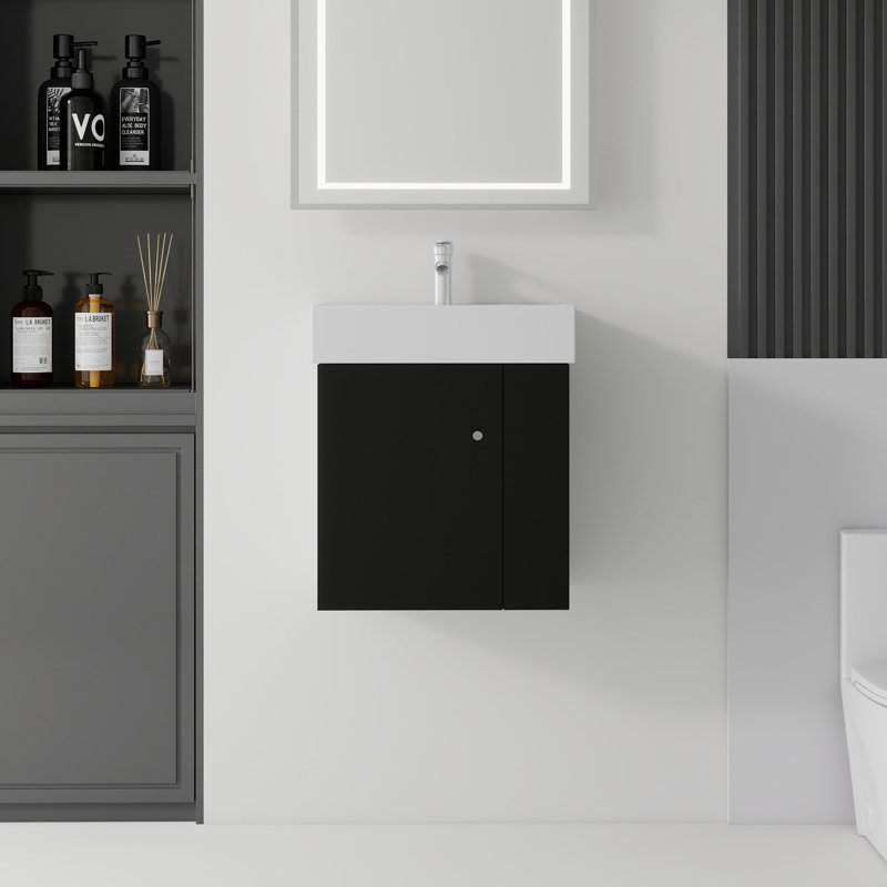 Meuble-lavabo flottant 21,6 po avec lavabo, porte à fermeture en douceur, lavabo en céramique, contreplaqué, Noir