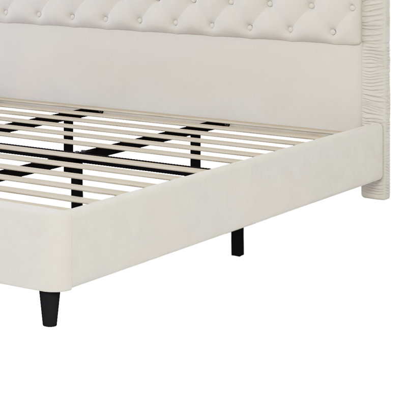 Queen Size Upholstered Bed With Ruched And Button Tufted Headboard, White