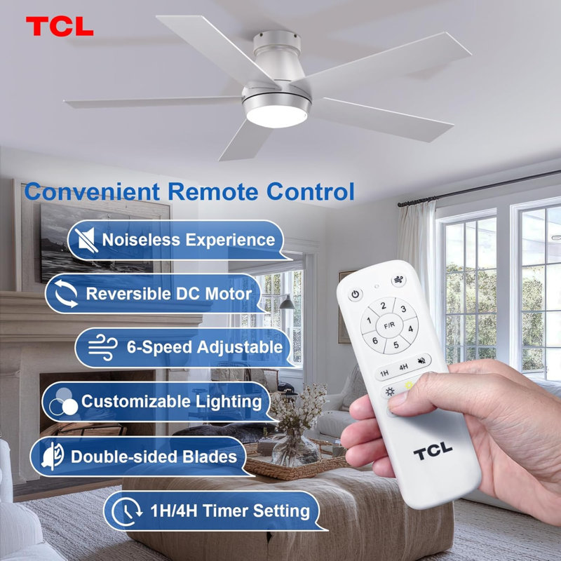  52" Ceiling Fan With Lights, Silver Flush Mount Ceiling Fans With Remote Control, 6 Speeds Dc Reversible, Dimmable, Noiseless, Low Profile Ceiling Fans For Bedroom