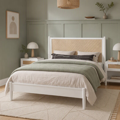 Platform Bed Frame with Rattan Headboard,Wicker Bed with Wooden Slats Support,Boho Coastal Style