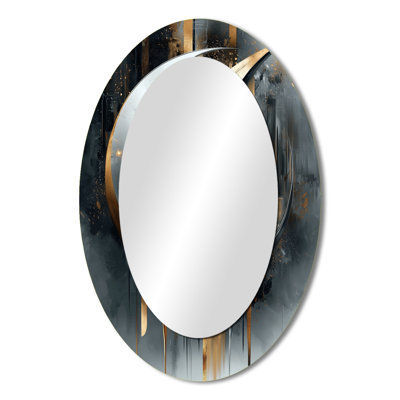 Black And Gold Abstract Shapes And Lines III - Large Oval Wall Mirror On Metal